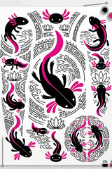Fototapeta premium Stylized black and pink axolotl illustrations with tribal patterns