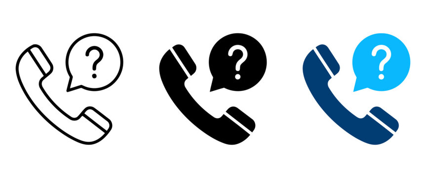 Customer support phone icons with question mark speech bubbles, 3 call center vector symbols, help desk contact graphics