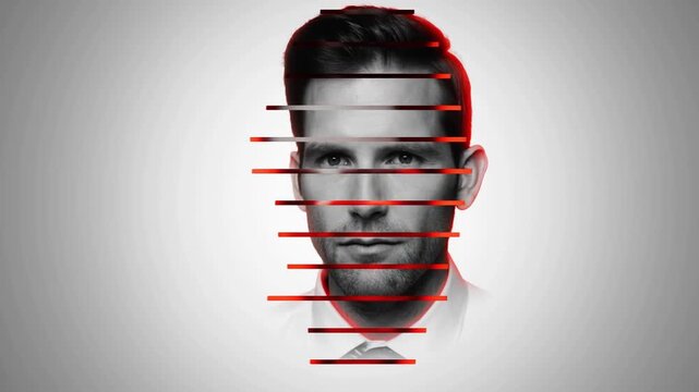 Mans face obscured by red lines in centered gray portrait