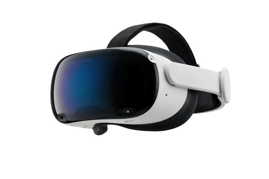 White and black virtual reality headset with a reflective dark lens for immersive gaming and digital simulation isolated on a transparent background
