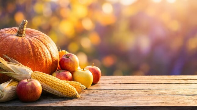 Fresh pumpkin corn and apples on a rustic wooden table with beautiful autumn bokeh background