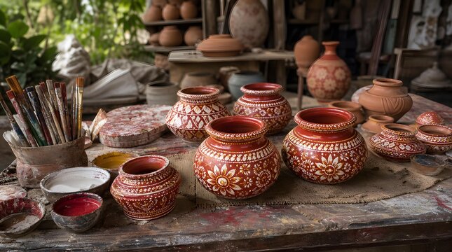 Hand Painted Clay Karwa Pots and Paintbrushes in Traditional Artisan Workshop Still Life Background