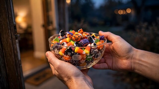 Hands holding a decorated glass bowl filled with colorful Halloween candies handed out at an open doorway with warm indoor light