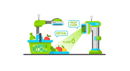 Fototapeta premium Smart Food Quality Control System Illustration with AI Robots Scanning Fresh Produce