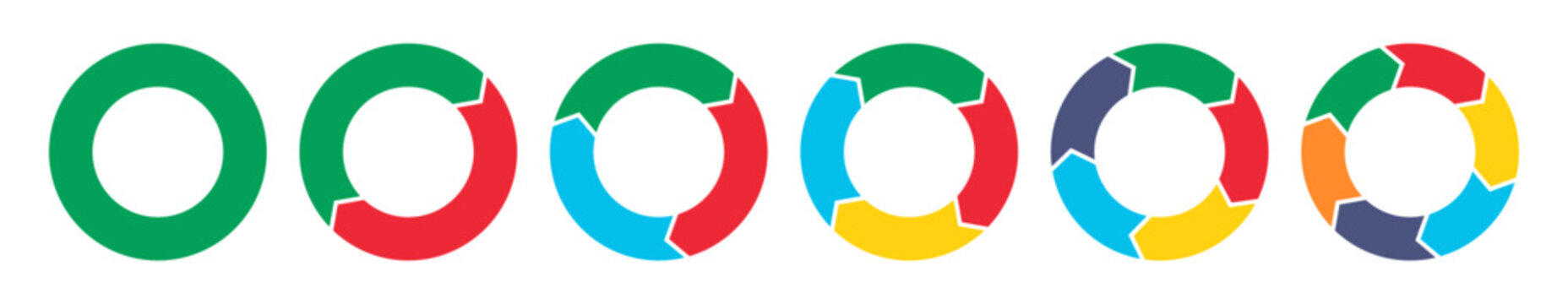 Circle arrow charts infographic templates. Circle diagram infographic set. Rotation round cycle vector scheme process template. 3, 4, 5, 6 parts. 