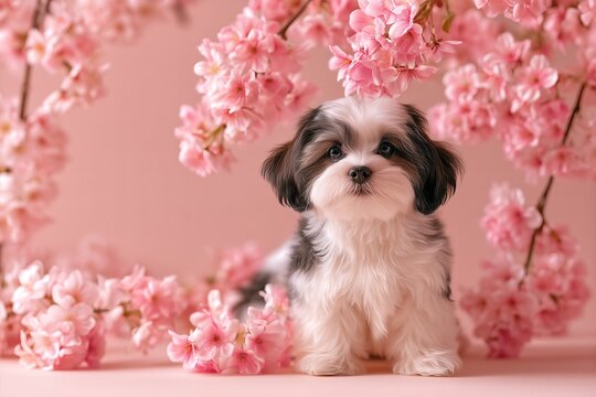 Cute shih tzu puppy sitting among pink cherry blossoms on pink background