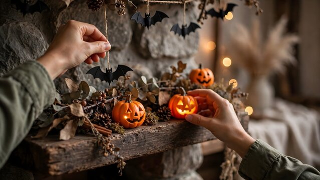 Decorating with miniature felt bats on twine string and glowing mini jack o lanterns under warm cozy ambient lighting
