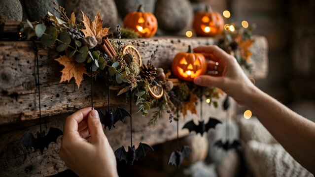 Decorating with miniature felt bats on twine string and glowing mini jack o lanterns under warm cozy ambient lighting