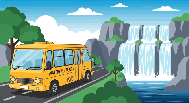 Yellow mini tour bus with Waterfall Tours text on side.