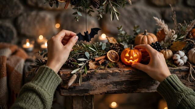Decorating with miniature felt bats on twine string and glowing mini jack o lanterns under warm cozy ambient lighting