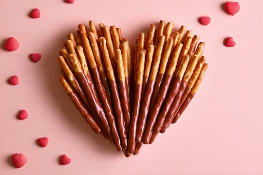 Chocolate dipped pretzel sticks arranged in a heart shape on pink background flat lay

