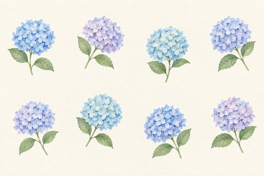 Seamless watercolor pattern of blue hydrangea flowers with leaves on cream background