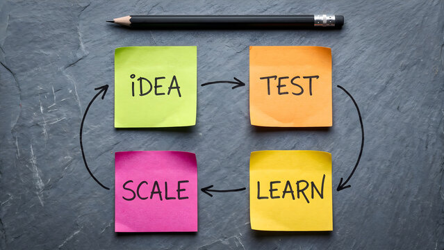 Business Product Development Cycle Idea Test Learn Scale on Sticky Notes