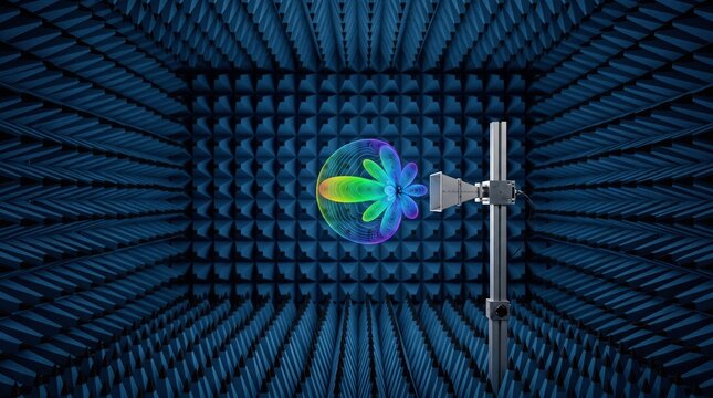 Horn antenna on a test stand visualizing a 3D holographic microwave radiation pattern inside a blue pyramidal foam anechoic chamber.