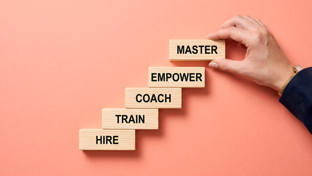 Strategic Career Growth Stages Represented by Wooden Blocks and Professional Development Concept