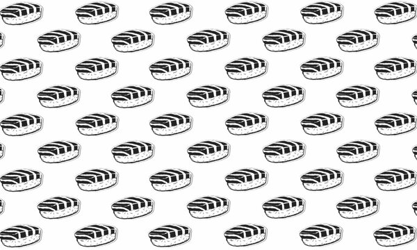 Hand Drawn Nigiri Sushi Salmon seamless pattern Doodle	