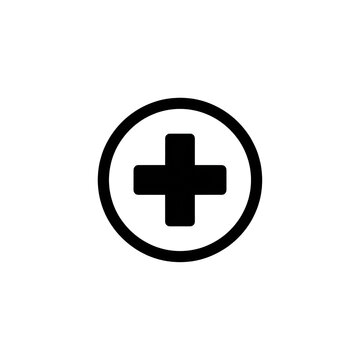 Black medical cross icon inside circle for healthcare and first aid emergency service branding.