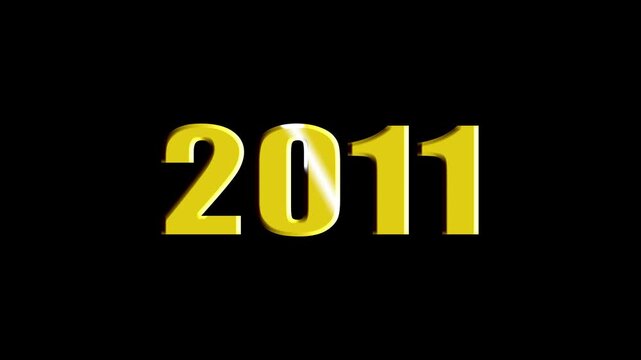 Year 2011 Scaling Text Animation with Bevel and Light Sweep Effect on Black Background.