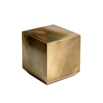 A single geometric cube made of polished brass with subtle brushed texture, isolated on a white background