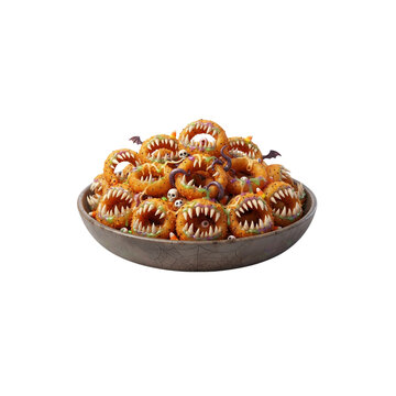 Monster Onion Rings With Sharp Teeth Growing Around the Crispy Edges, scary Halloween food 3D cartoon, on white background