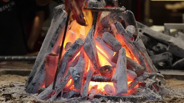 Kinki Rockfish Skewer Grilling Over Crackling Robatayaki Charcoal Fire