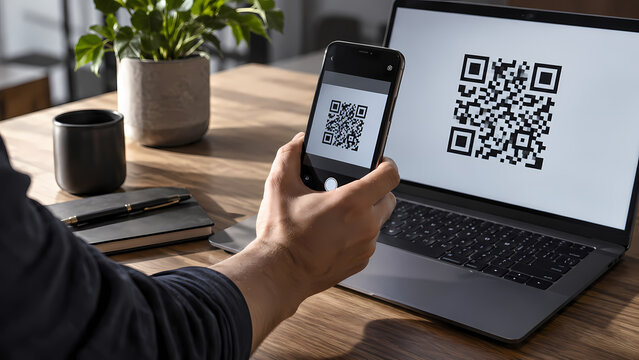 Side view of a person holding a smartphone to scan a QR code displayed on a laptop at a sunlit wooden desk, illustrating digital authentication, secure access, mobile verification and contactless tech