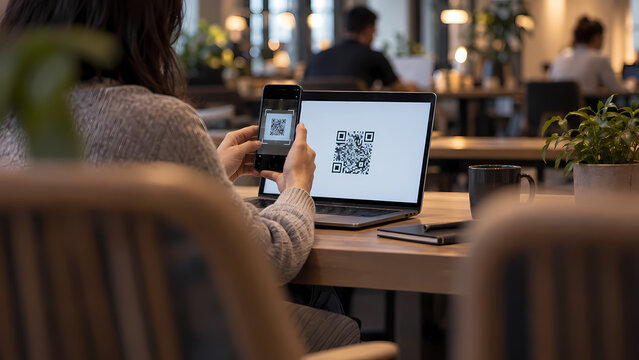 Rear view of a person using a smartphone to scan a QR code displayed on a laptop while seated at a caf&eacute; table, illustrating digital authentication, secure access and convenient contactless technology