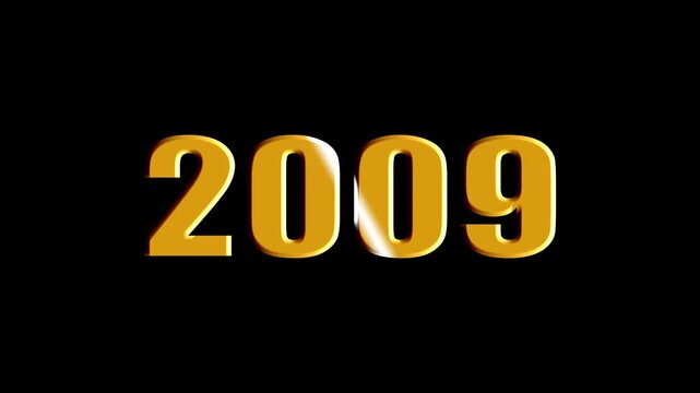 Year 2009 Scaling Text Animation with Bevel and Light Sweep Effect on Black Background.