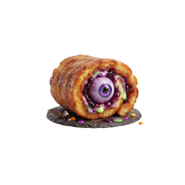 Monster French Toast Roll With a Purple Eyeball Hidden Inside the Center, bizarre Halloween food 3D cartoon, on white background