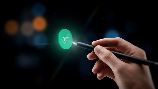 Hand pointing electronic stylus pen to glowing green yes option button against black bokeh background.