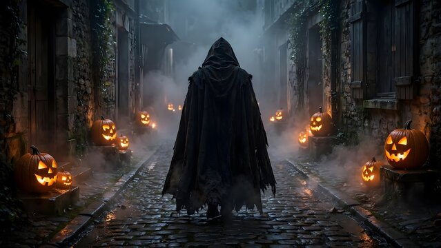 Back view of a person in a dark hooded cloak walking down a foggy wet cobblestone alleyway lit by glowing pumpkin lanterns with cinematic horror lighting