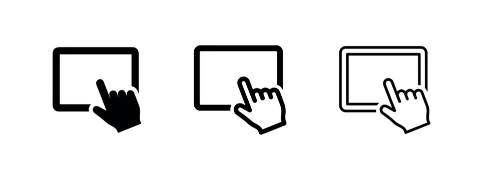 Hand Tapping on Tablet Screen Icons Set. Touchscreen and Digital Interaction.