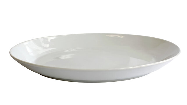 A clean, empty white ceramic plate with a shallow bowl shape and a slightly raised rim, perfect for presenting meals