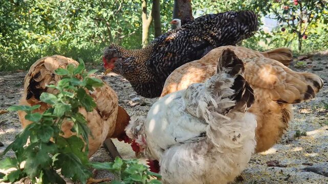 A group of diverse chickens peck at grain from a feeder trough in a shady farmyard. Set under lush green trees, the scene captures traditional free-range poultry feeding and authentic rural life