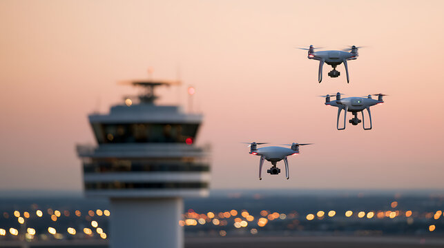 Three modern unmanned aerial vehicles fly near an air traffic control tower at sunset, depicting advanced aviation technology and safety