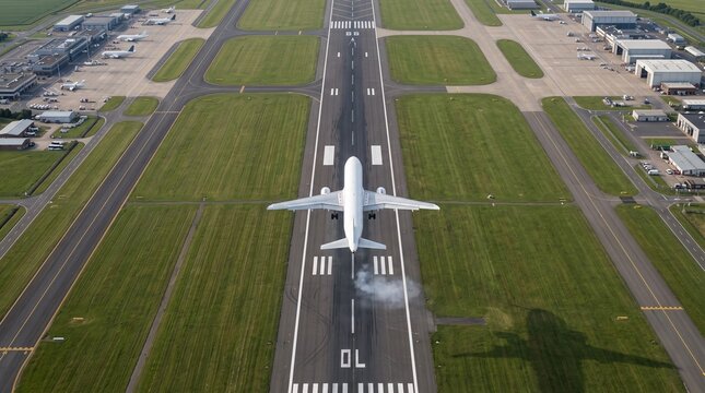 Aerial view of airplane landing on airport runway, commercial passenger jet touching down on tarmac, aviation transport and travel logistics