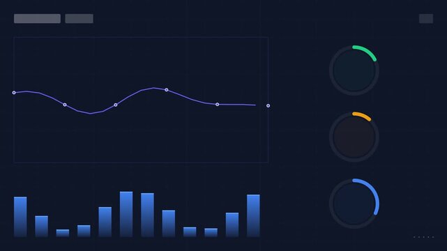 Futuristic Dark Mode Data Visualization Dashboard with Animated Charts and Gauges.
