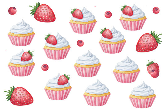 Watercolor pattern of cupcakes with white frosting and fresh red strawberries on a white background, isolated on a, transparent background