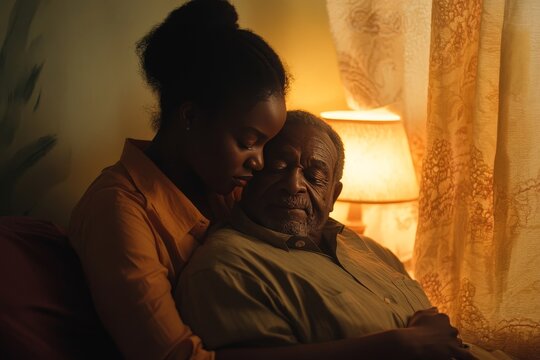 Tender moment between a young woman and an older man showing love and compassion indoors at night