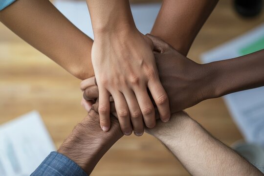 Diverse hands joining together in a show of unity and teamwork for a common goal and purpose