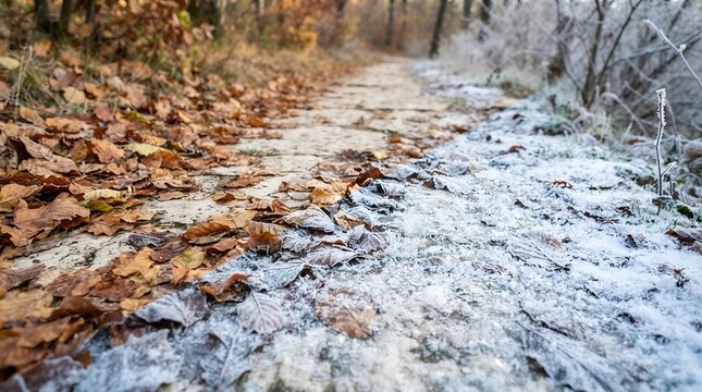 First Snow over Fallen Autumn Leaves Seasonal Nature Background