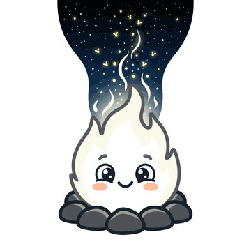 Cute Kawaii Campfire Character with Starry Night Sky and Fireflies, Isolated
