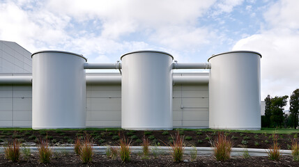 Fototapeta premium Industrial storage tanks connected by pipes outside a modern commercial warehouse facility with green grass and blue sky background scene