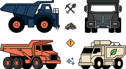 Heavy Duty Mining Dump Truck Machinery and Eco Construction Hauling Vehicle Flat Icon Elements Set Featuring Shovel Pickaxe and Stone Material Symbols © MstAnzu