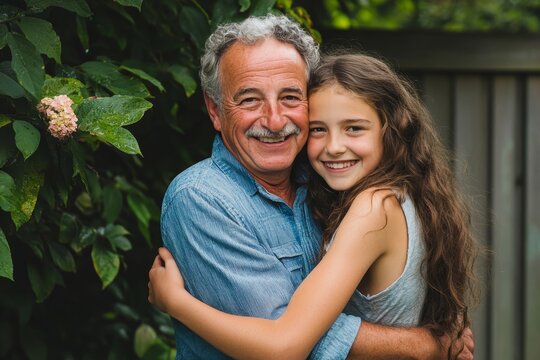Grandfather and granddaughter embracing with love and happiness in the garden setting outdoors
