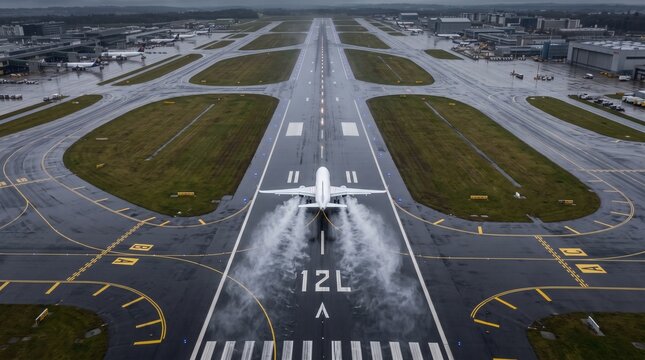 Aerial view of airplane landing on wet runway 12L, commercial jet touching down at rainy airport, aviation transport and travel concept