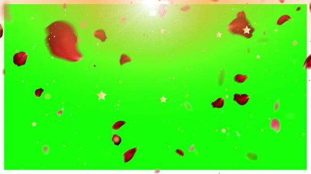 Abstract geometric shape with scattered red leaf particles on bright green background for creative design
