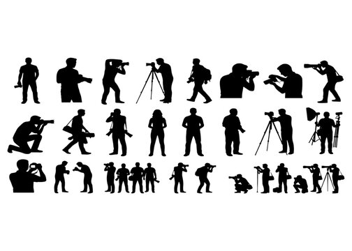 Photographer silhouette collection, professional cameraman icons set, photography equipment and camera operator vector graphics