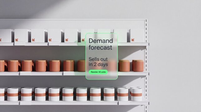 Minimal Retail Shelf Display of Unbranded Jars and Boxes with a Floating AI Demand Forecast Card Advising a Reorder of Forty Units