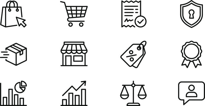Collection of commerce and business related flat line icons on a white background shopping retail trade purchase transaction